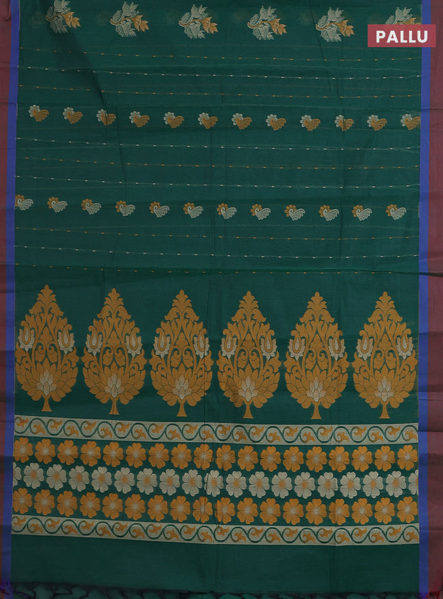 Nithyam cotton saree green and maroon with thread woven buttas and simple border