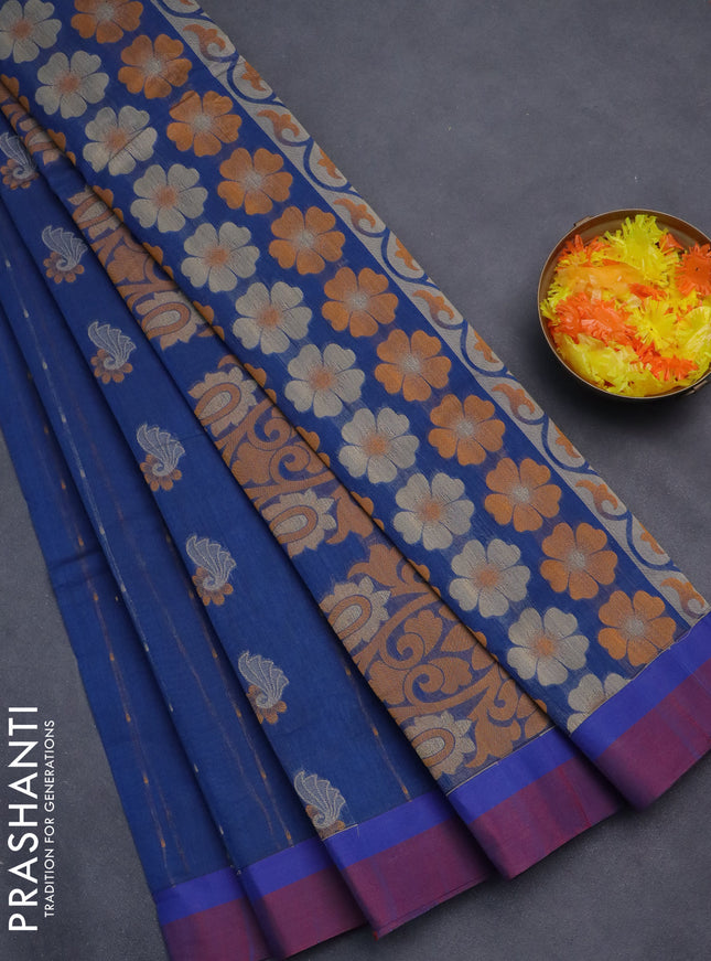 Nithyam cotton saree peacock blue and maroon with thread woven buttas and simple border