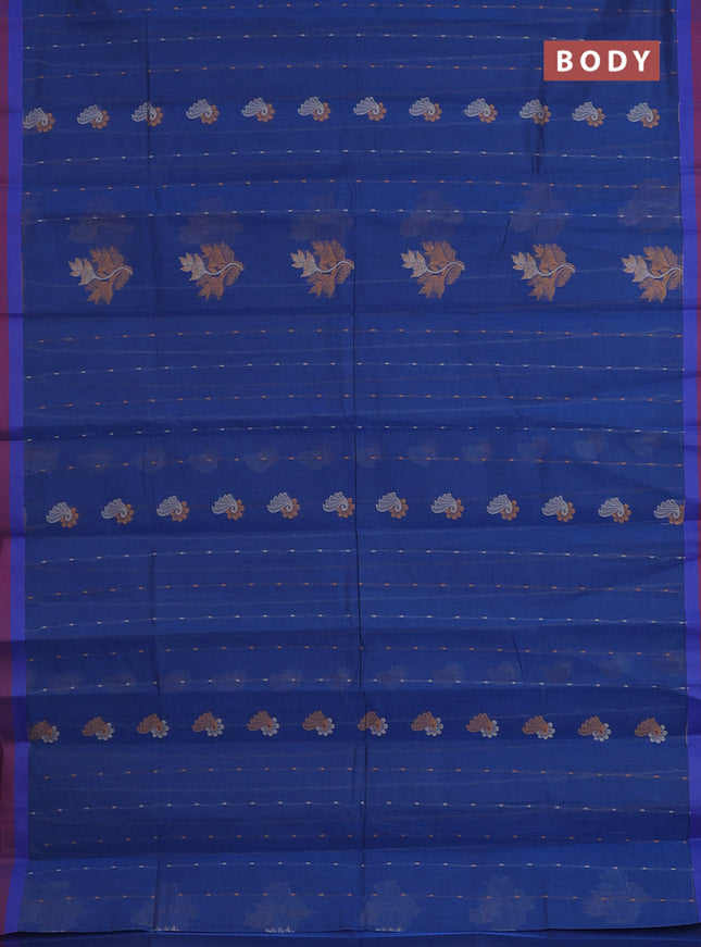 Nithyam cotton saree peacock blue and maroon with thread woven buttas and simple border