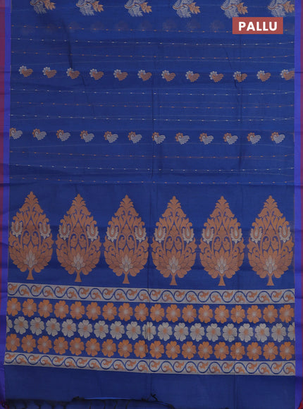 Nithyam cotton saree peacock blue and maroon with thread woven buttas and simple border