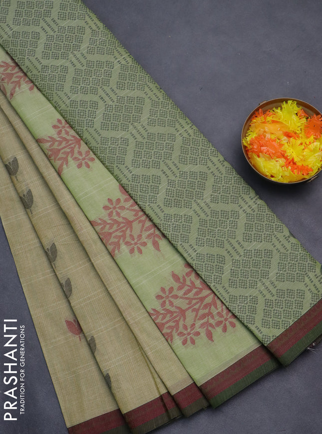 Nithyam cotton saree elaichi green and sap green with thread woven buttas and thread woven border