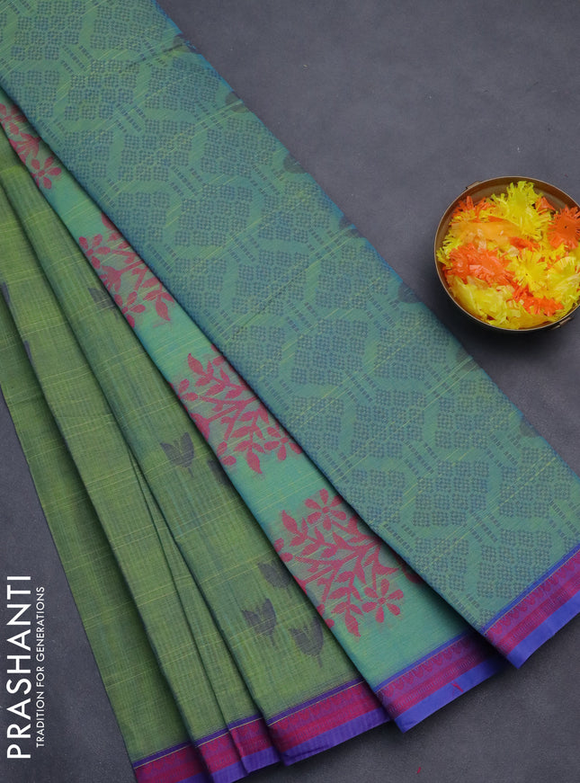 Nithyam cotton saree dual shade of green and violet with thread woven buttas and thread woven border