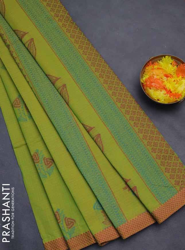 Nithyam cotton saree yellowish green with thread woven buttas and thread woven border