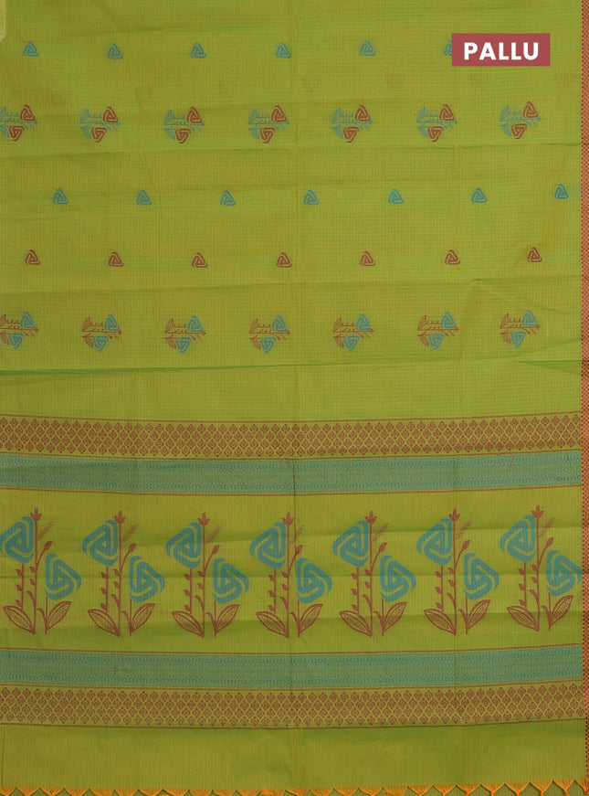 Nithyam cotton saree yellowish green with thread woven buttas and thread woven border