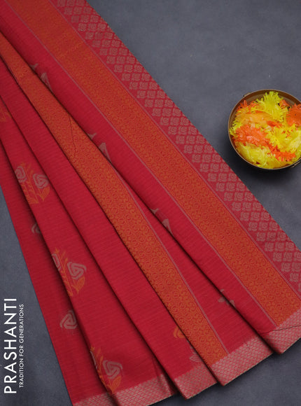 Nithyam cotton saree tomato red with thread woven buttas and thread woven border