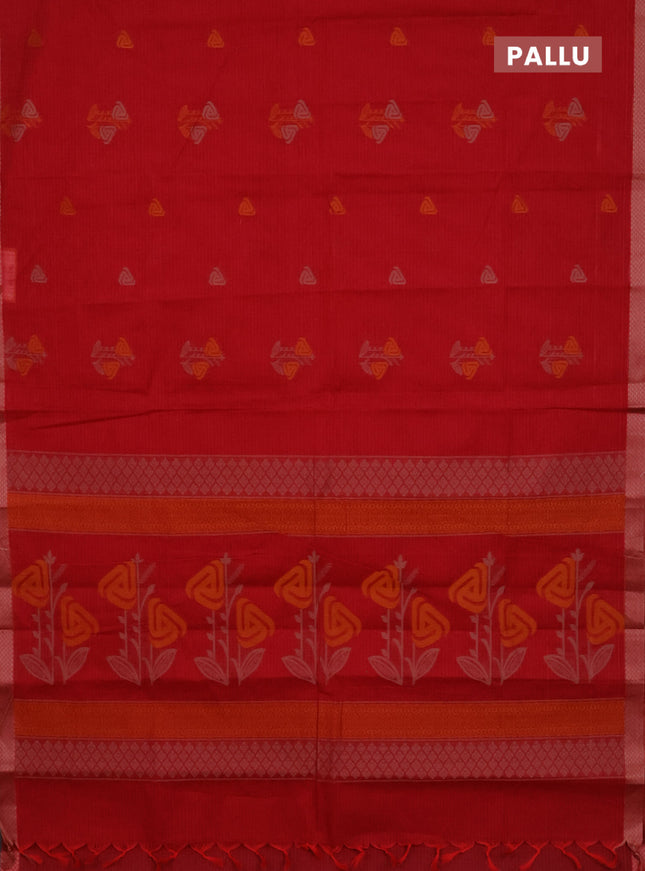 Nithyam cotton saree tomato red with thread woven buttas and thread woven border