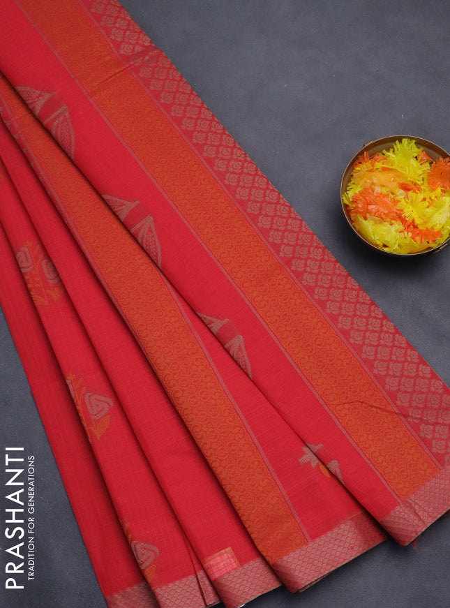 Nithyam cotton saree red with thread woven buttas and thread woven border