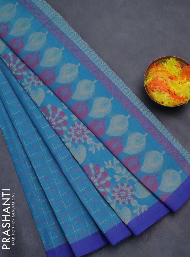 Nithyam cotton saree teal blue and violet with allover thread weaves and simple border