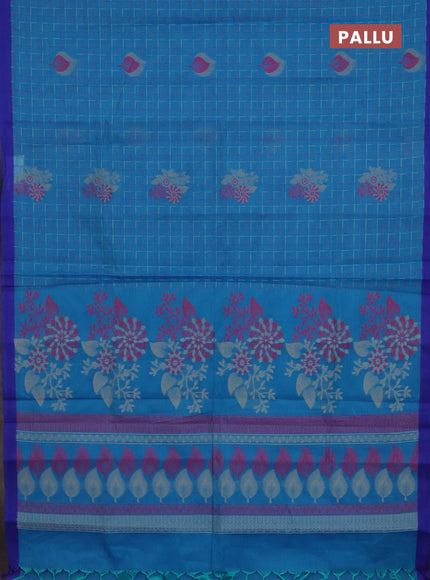 Nithyam cotton saree teal blue and violet with allover thread weaves and simple border
