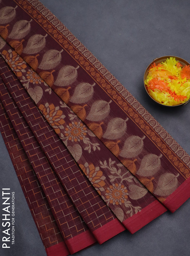 Nithyam cotton saree maroon with allover thread weaves and simple border