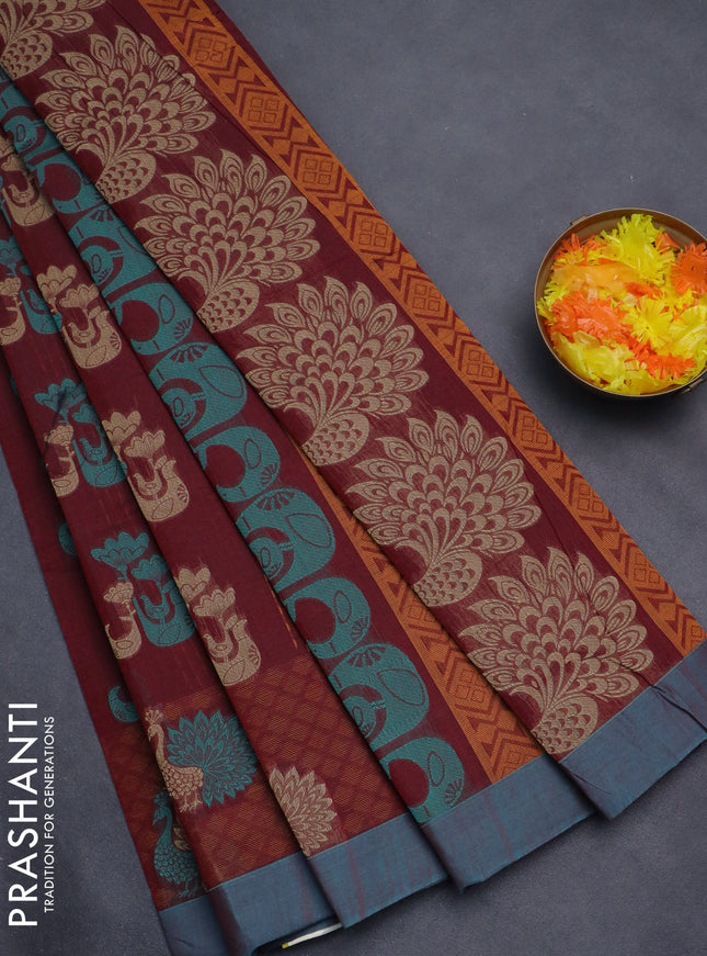 Nithyam cotton saree maroon and teal green with allover thread weaves and simple border
