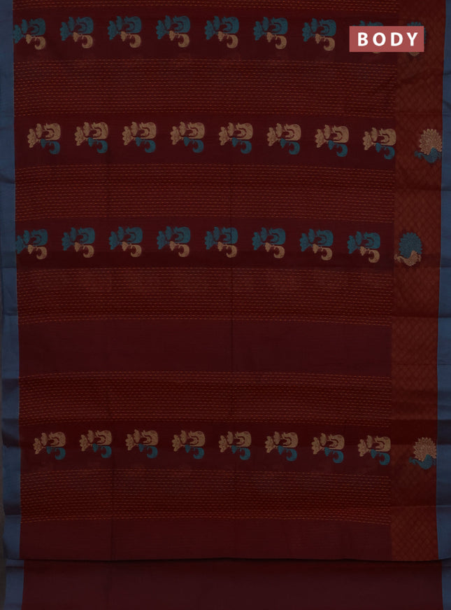 Nithyam cotton saree maroon and teal green with allover thread weaves and simple border