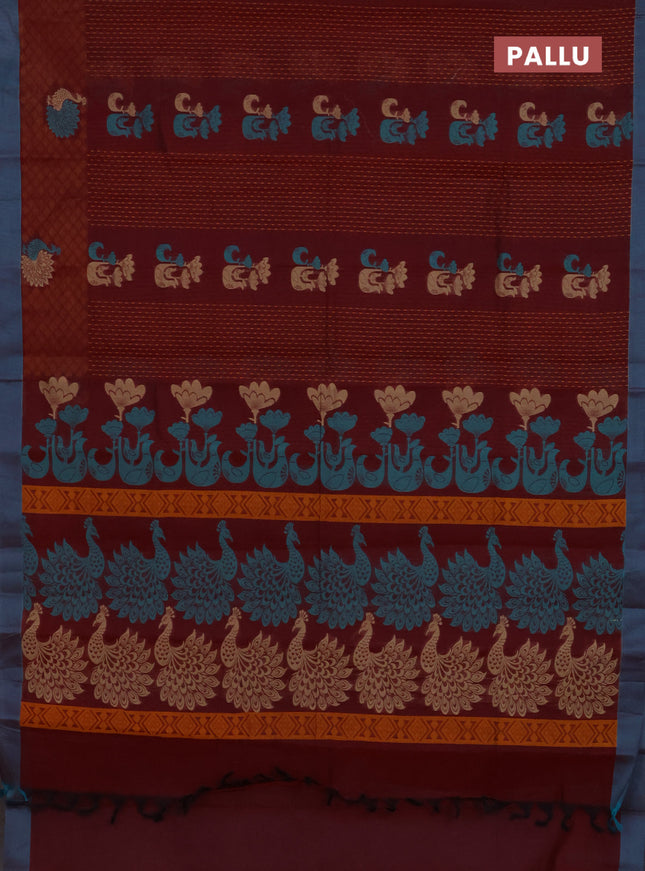 Nithyam cotton saree maroon and teal green with allover thread weaves and simple border
