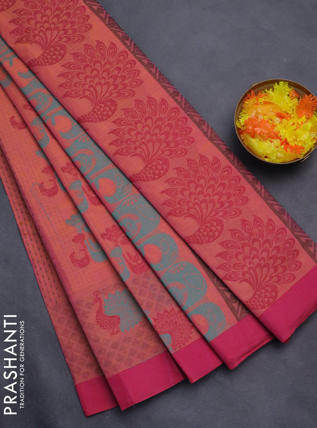 Nithyam cotton saree dual shade of pink and pink with allover thread weaves and simple border