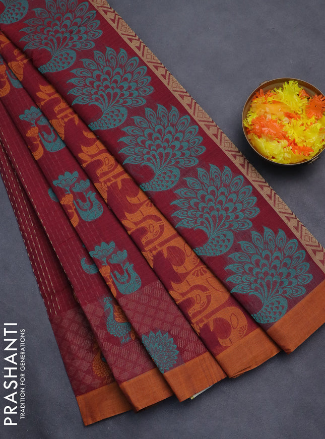 Nithyam cotton saree maroon and mustard shade with allover thread weaves and simple border