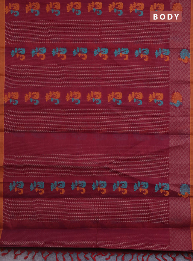 Nithyam cotton saree maroon and mustard shade with allover thread weaves and simple border