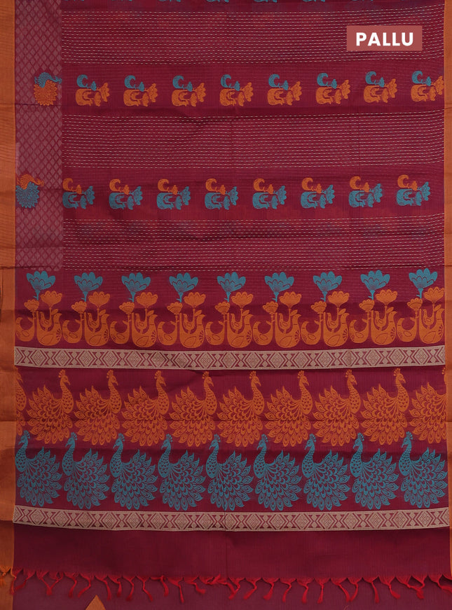 Nithyam cotton saree maroon and mustard shade with allover thread weaves and simple border