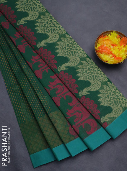 Nithyam cotton saree green and teal blue with allover thread weaves and simple border