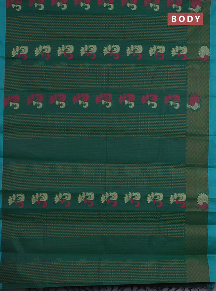 Nithyam cotton saree green and teal blue with allover thread weaves and simple border