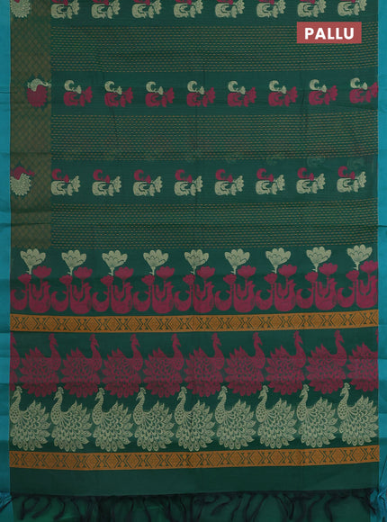 Nithyam cotton saree green and teal blue with allover thread weaves and simple border