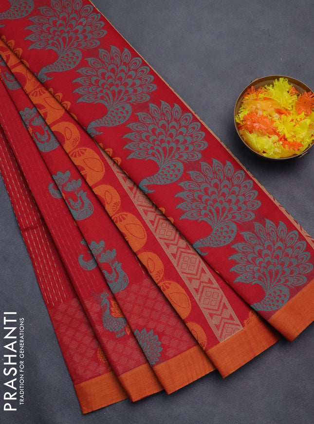 Nithyam cotton saree red and mustard shade with allover thread weaves and simple border