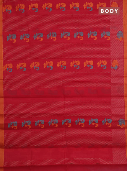 Nithyam cotton saree red and mustard shade with allover thread weaves and simple border