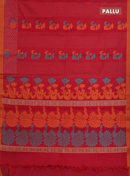 Nithyam cotton saree red and mustard shade with allover thread weaves and simple border