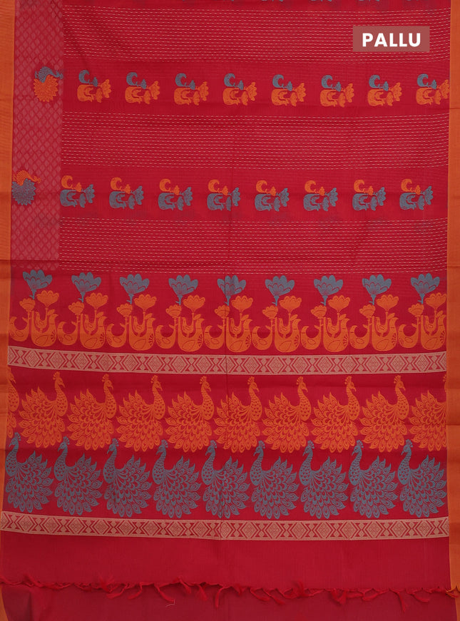 Nithyam cotton saree red and mustard shade with allover thread weaves and simple border