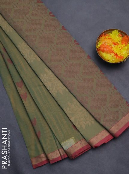 Nithyam cotton saree green shade and maroon with thread woven buttas and thread woven border