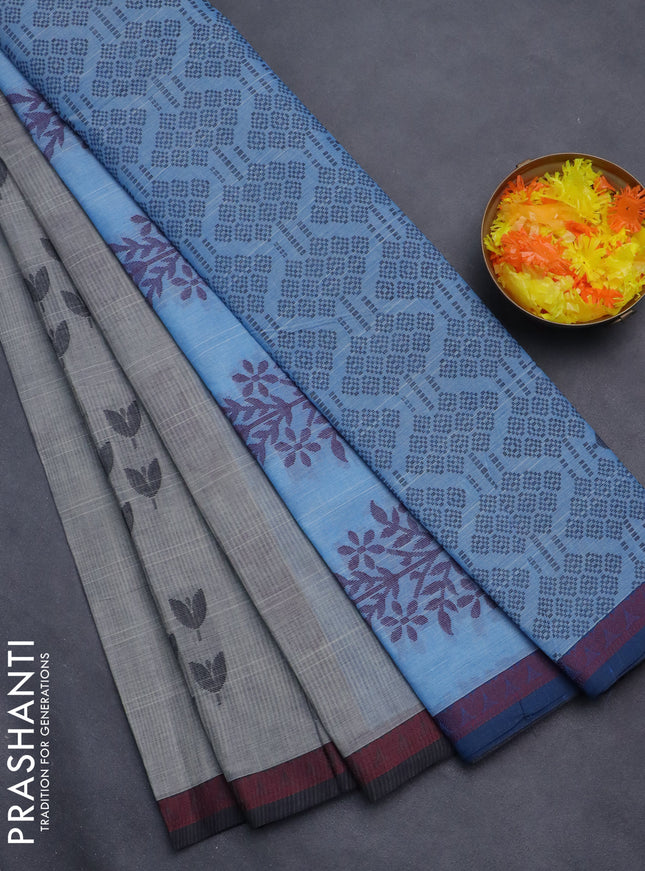 Nithyam cotton saree grey and black with thread woven buttas and thread woven border