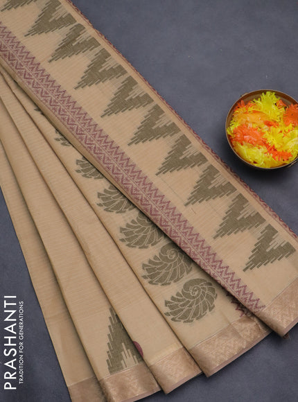 Nithyam cotton saree sandal with allover thread stripe pattern and zari woven border