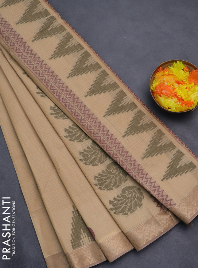 Nithyam cotton saree sandal with allover thread stripe pattern and zari woven border