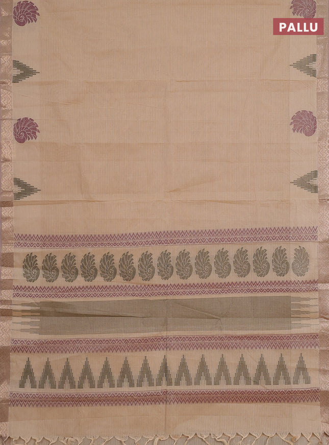 Nithyam cotton saree sandal with allover thread stripe pattern and zari woven border