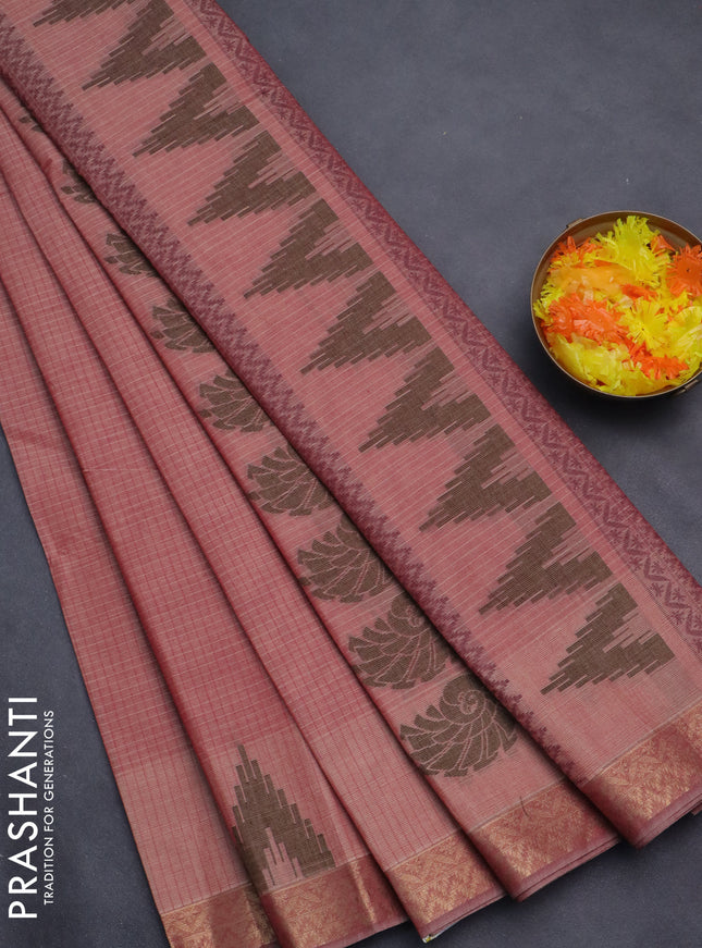 Nithyam cotton saree pastel maroon with allover thread stripe pattern and zari woven border