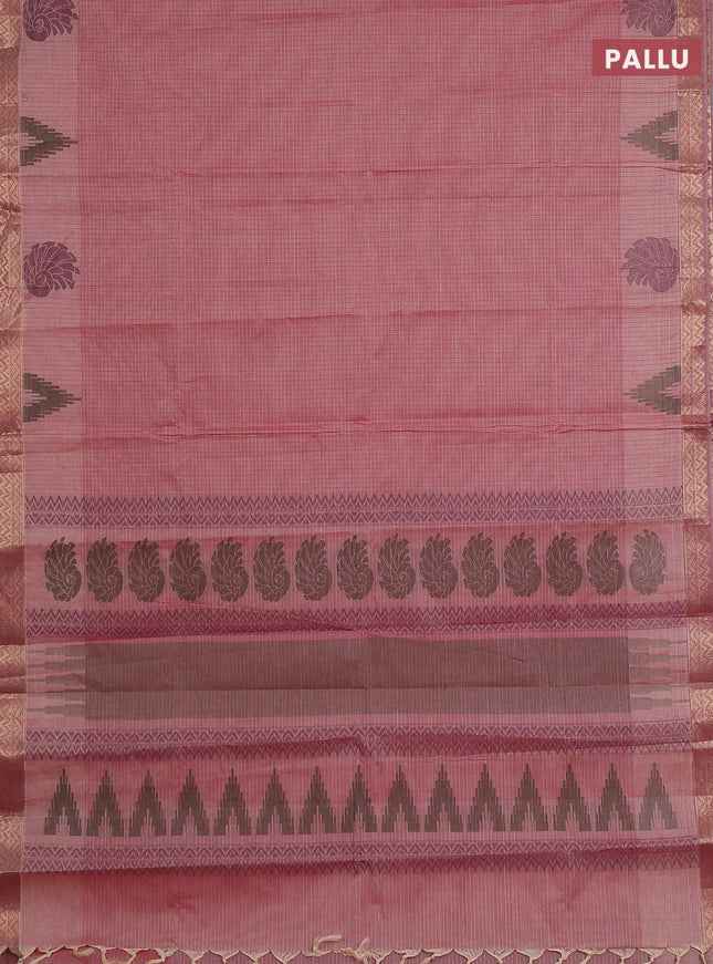 Nithyam cotton saree pastel maroon with allover thread stripe pattern and zari woven border