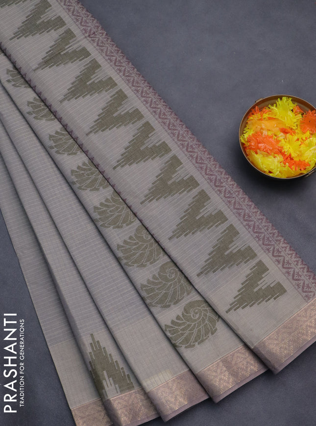 Nithyam cotton saree grey and pastel brown with allover thread stripe pattern and zari woven border