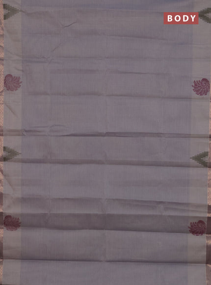 Nithyam cotton saree grey and pastel brown with allover thread stripe pattern and zari woven border