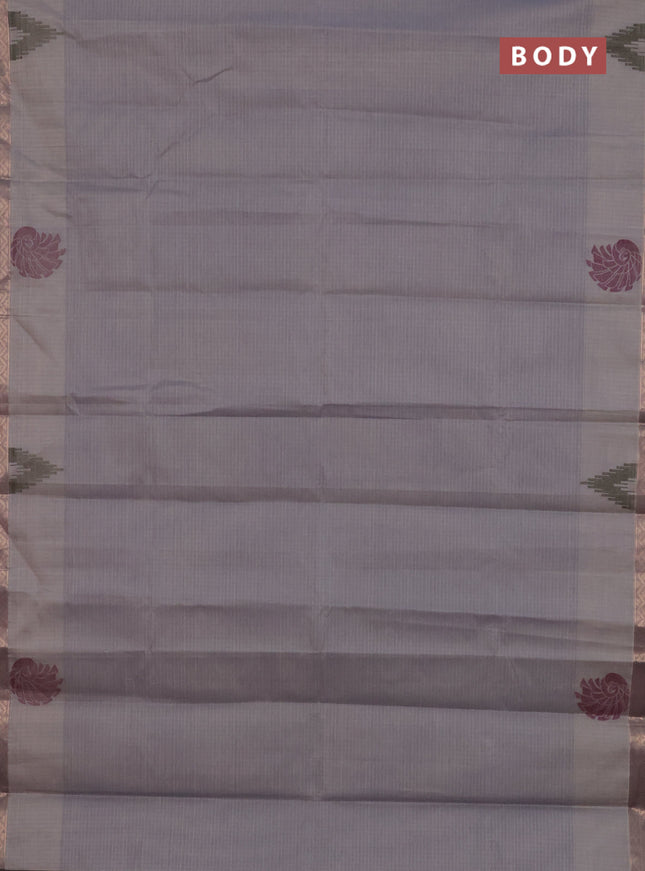 Nithyam cotton saree grey and pastel brown with allover thread stripe pattern and zari woven border