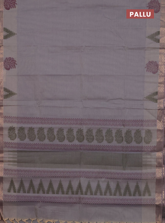 Nithyam cotton saree grey and pastel brown with allover thread stripe pattern and zari woven border