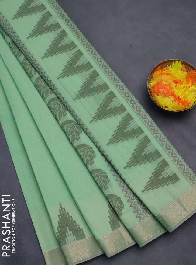 Nithyam cotton saree teal green shade and grey shade with allover thread stripe pattern and zari woven border