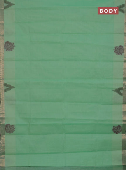 Nithyam cotton saree teal green shade and grey shade with allover thread stripe pattern and zari woven border