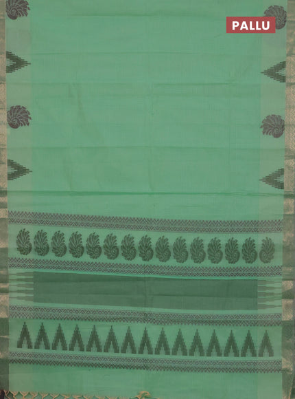 Nithyam cotton saree teal green shade and grey shade with allover thread stripe pattern and zari woven border