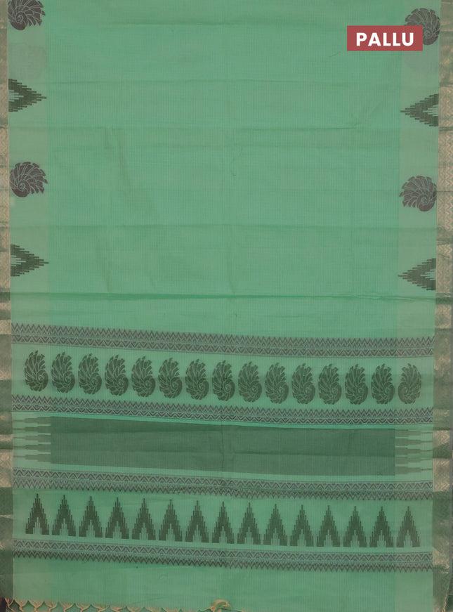 Nithyam cotton saree teal green shade and grey shade with allover thread stripe pattern and zari woven border