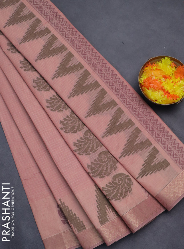 Nithyam cotton saree pastel peach pink with allover thread stripe pattern and zari woven border