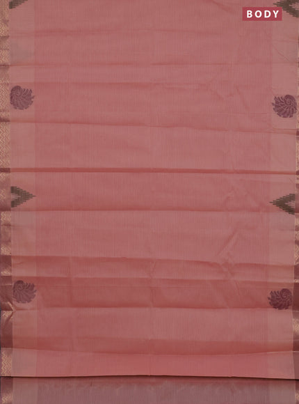 Nithyam cotton saree pastel peach pink with allover thread stripe pattern and zari woven border