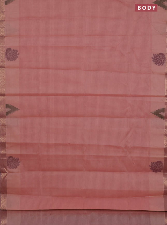 Nithyam cotton saree pastel peach pink with allover thread stripe pattern and zari woven border