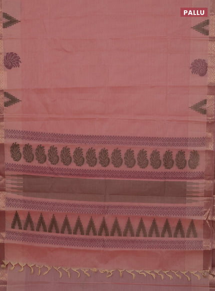 Nithyam cotton saree pastel peach pink with allover thread stripe pattern and zari woven border
