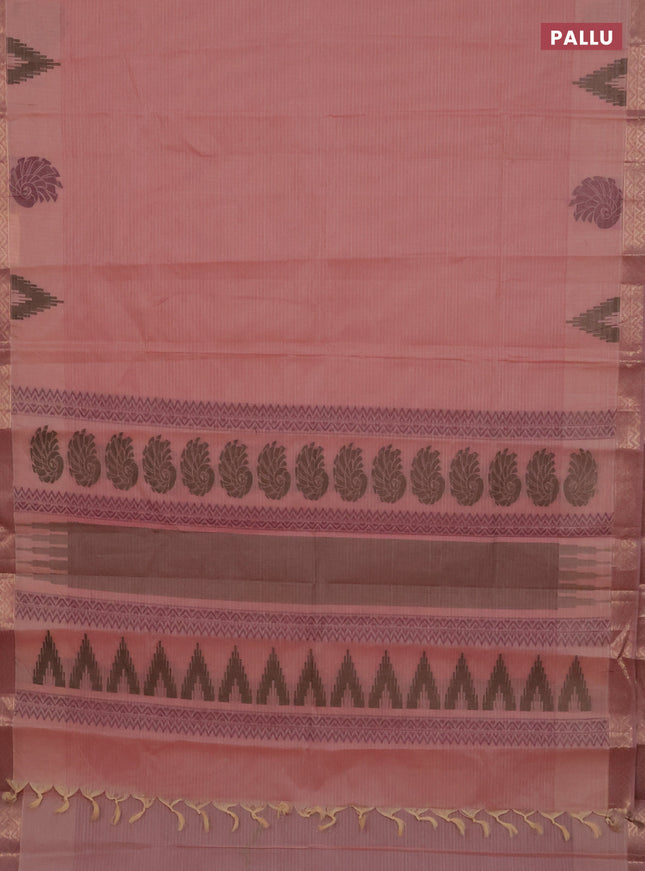 Nithyam cotton saree pastel peach pink with allover thread stripe pattern and zari woven border