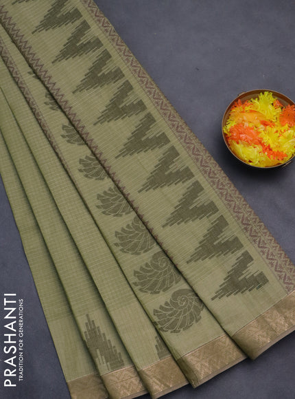 Nithyam cotton saree pastel green with allover thread stripe pattern and zari woven border