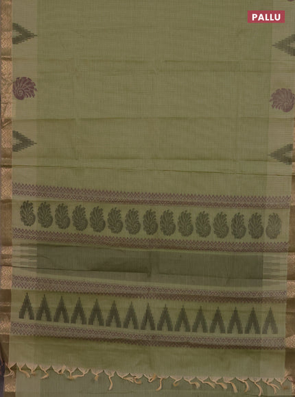 Nithyam cotton saree pastel green with allover thread stripe pattern and zari woven border